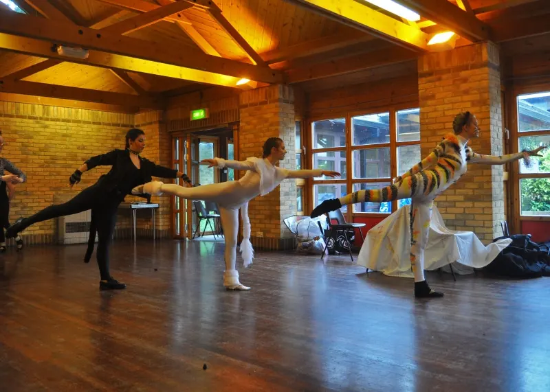 Pupils rehearsing at the ballet barre in the Harlow dance studio